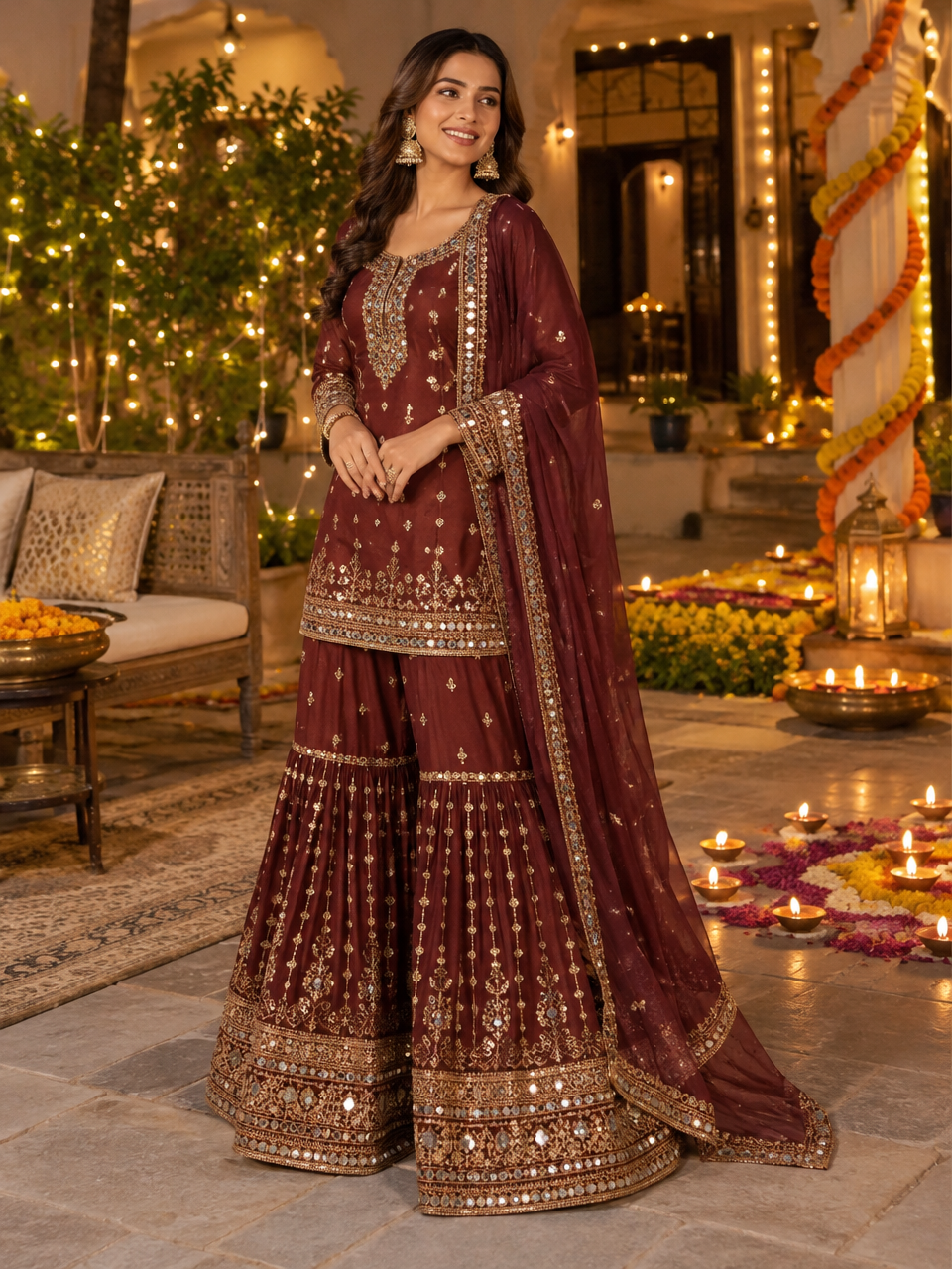 Smiling Indian woman in a custom maroon and gold sharara set with gota patti and mirror work kurti and net dupatta in a courtyard lit with diyas at Diwali